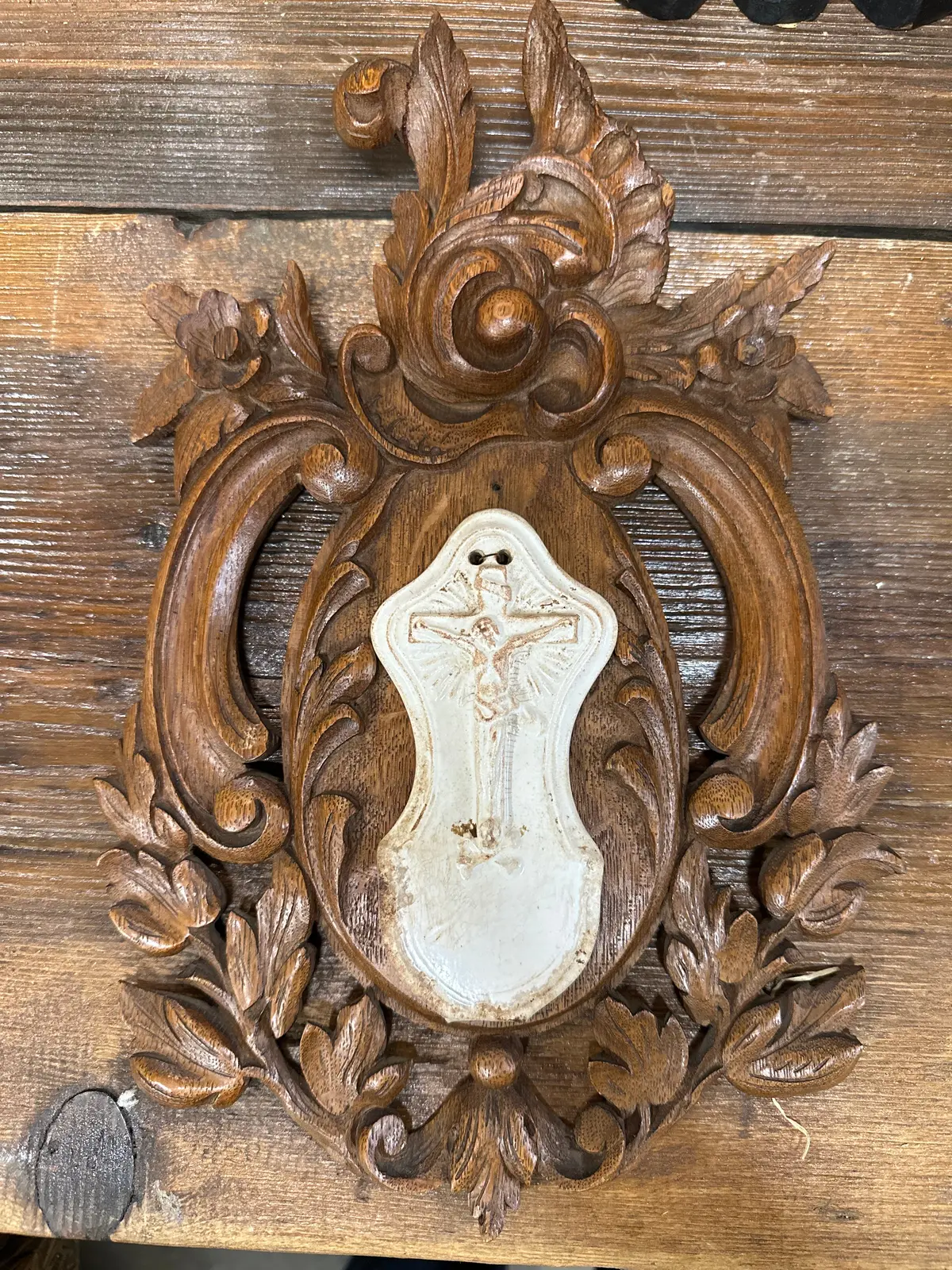 Carved Oak With White Porcelain Crucifix Sold 1