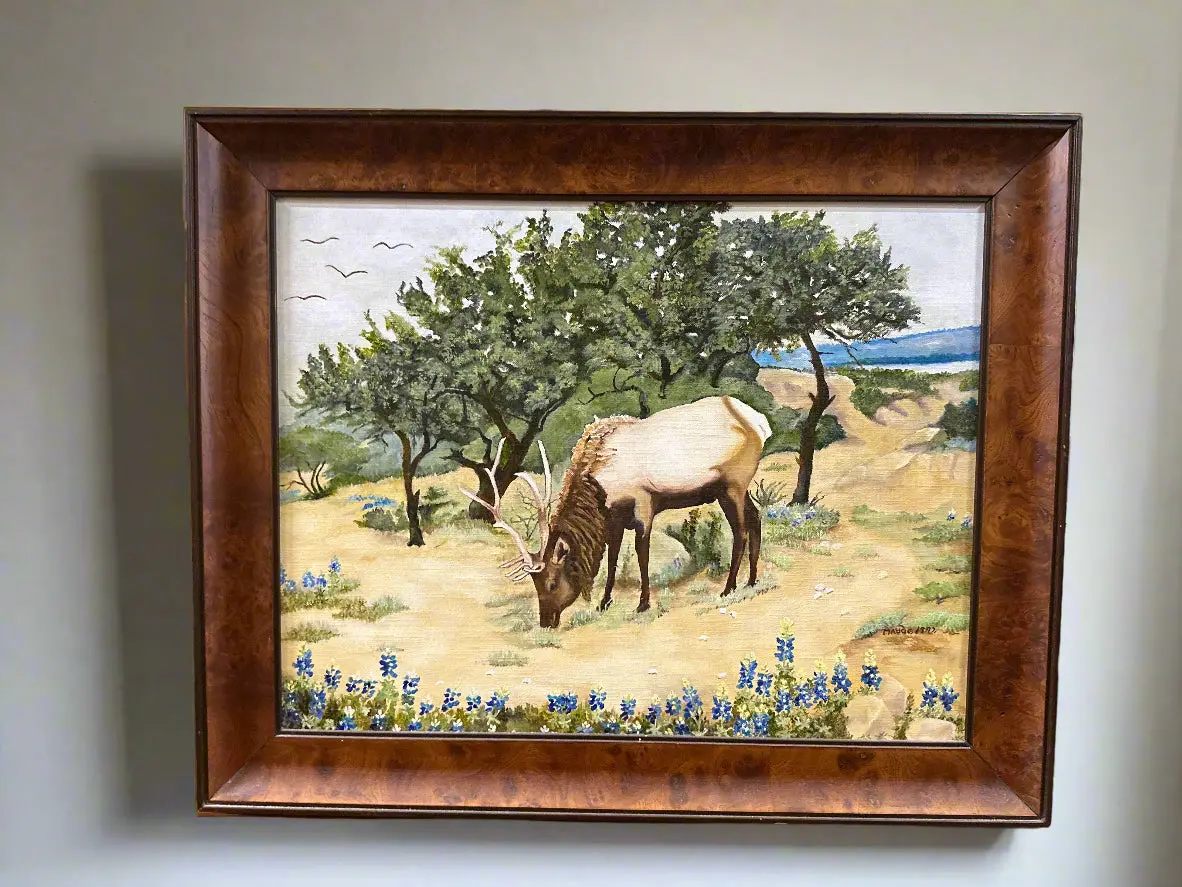 Burled Wood Frame Of Elk And Bluebonnets Oil Painting By Maude Waters 1