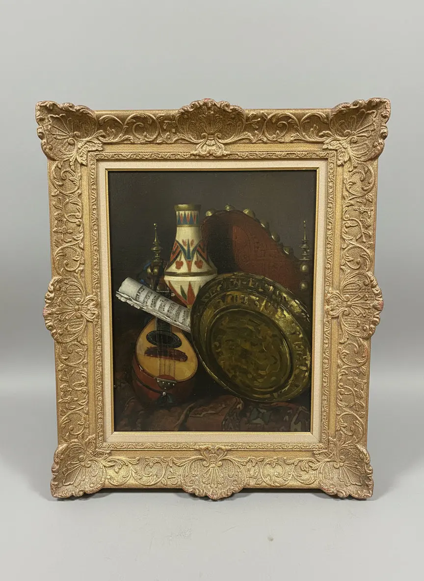 Gilt Framed Still Life Oil Painting With A Lute On Linen 1