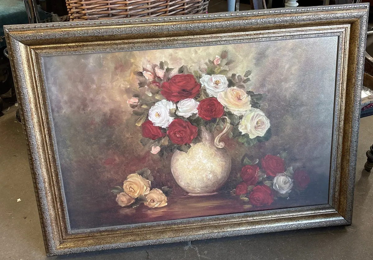 Large Gilt Framed Oil Painting Of Roses In Vase 1