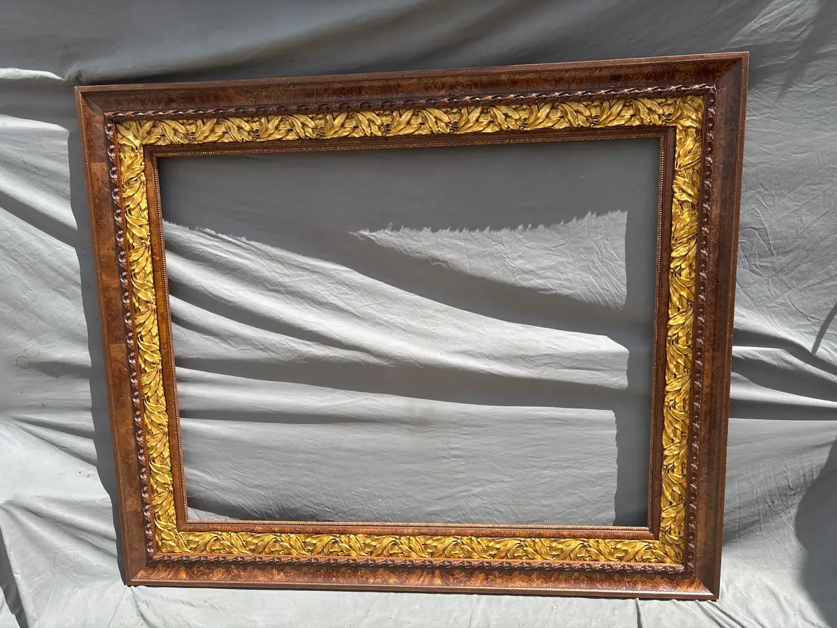 Extra Large Burled And Carved Wood Frame With Gold Leaves 1