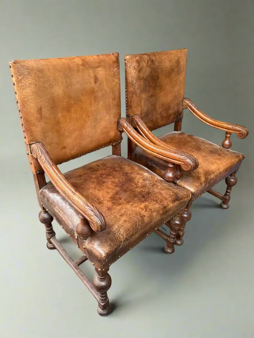Pair Of Henri Ii Leather Arm Chairs 1