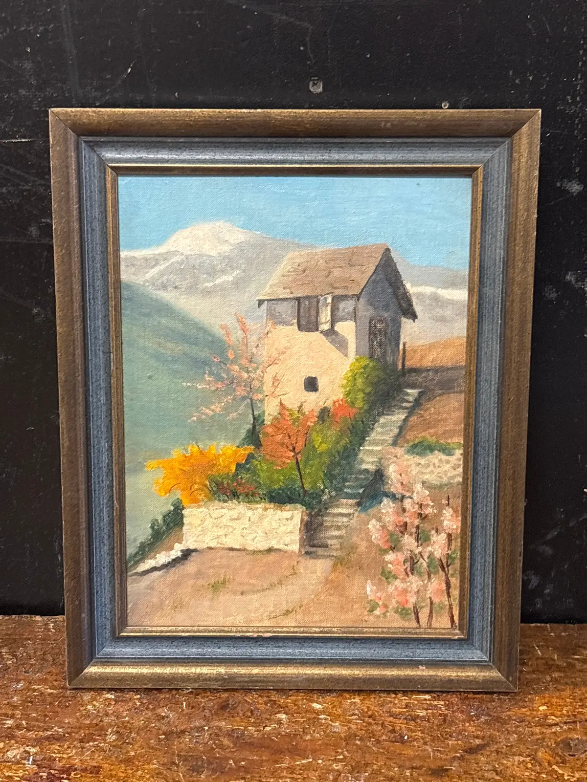 Vintage Brown And Blue Framed European House On Mountain Scene 1