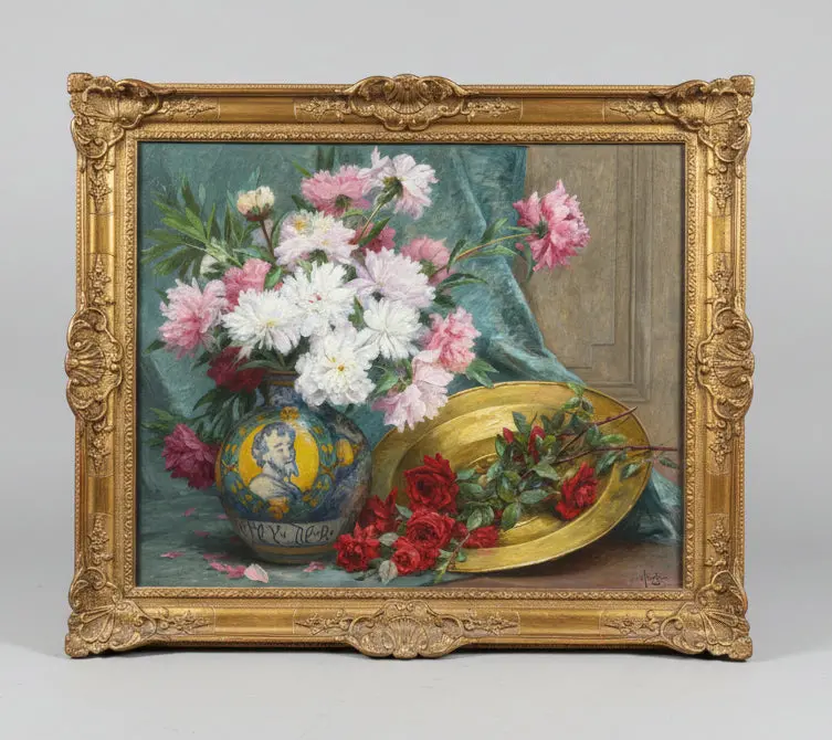 Not Received -Pottery Sculptures Sent Instead-Ornate Gilt Framed Floral Still Life Oil Painting Desire Alfred Magne 1855-1936 1
