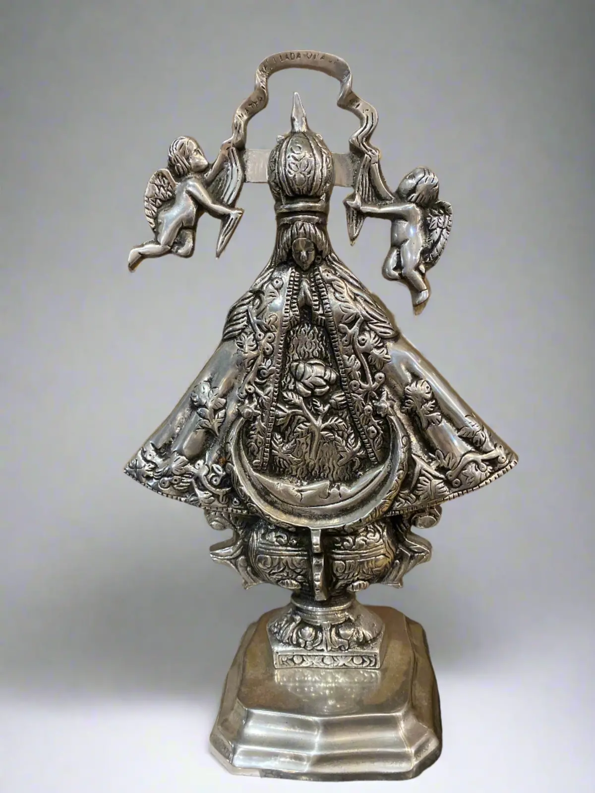 Silver Plate Standing Madonna With Cherubs 1