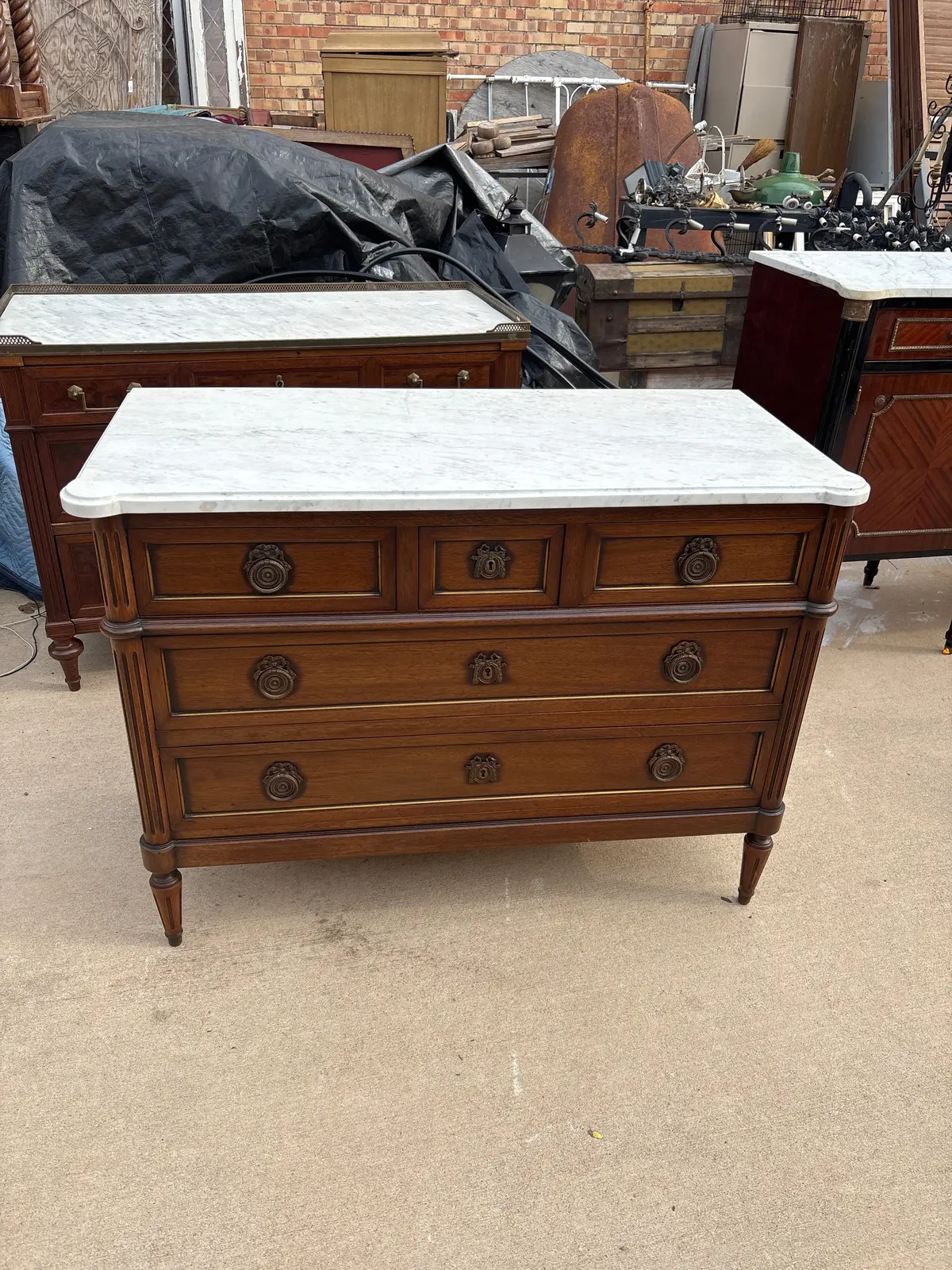 Small Louis Xvi White Marble Top 5 Drawer Mahogany Chest With Fluted Legs 1