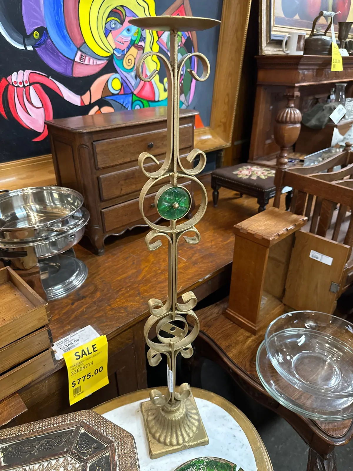 Tall Iron Candle Stand With Green Glass 1