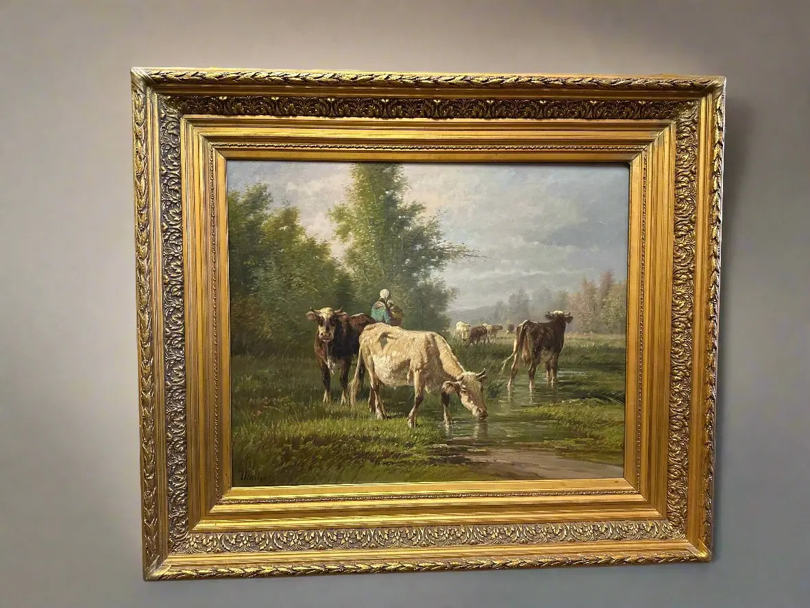 Framed Oil Painting Of Cows By A Stream Signed 1