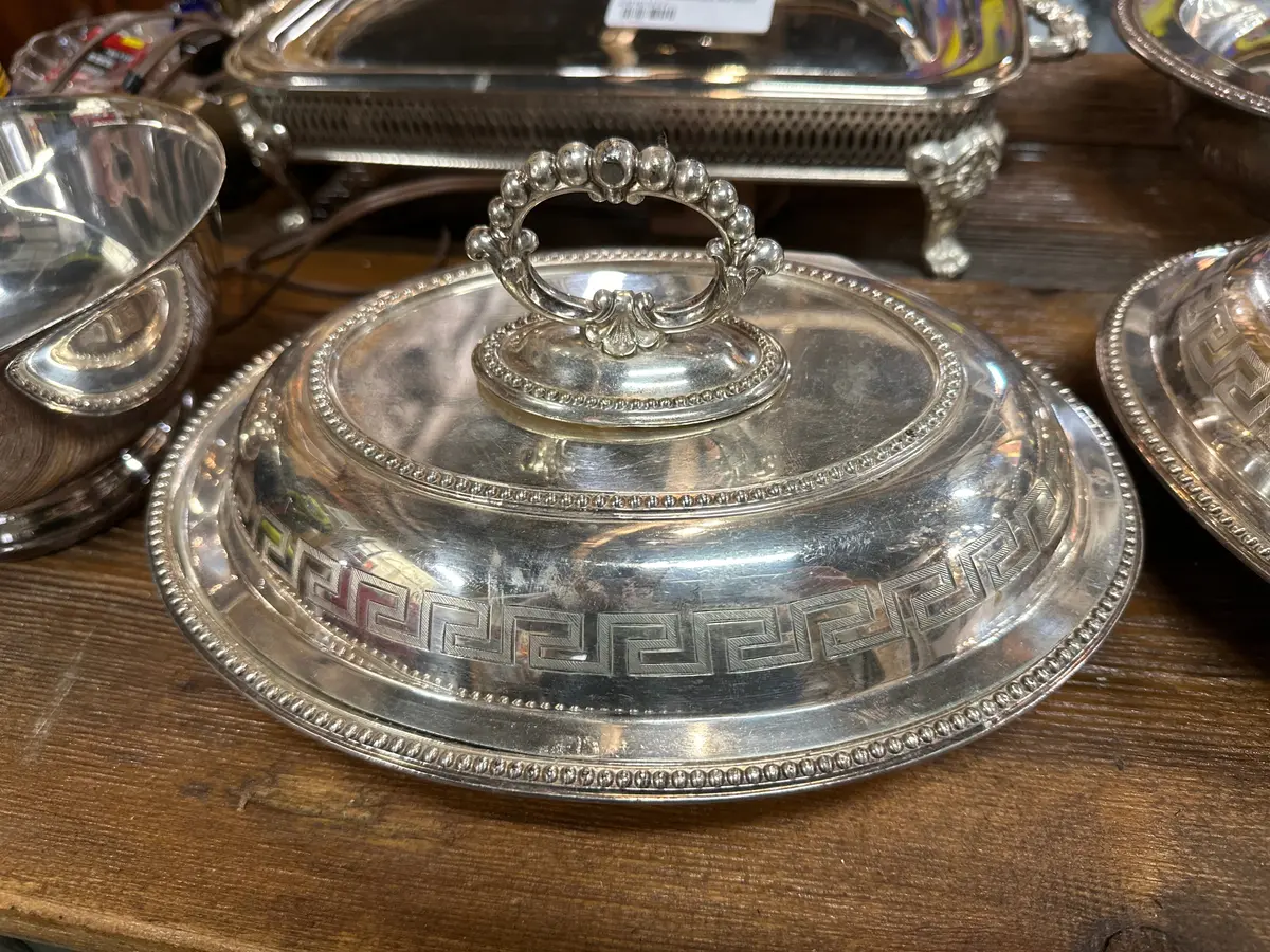 Pair Of Silverplate Covered Dishes With Greek Key 1
