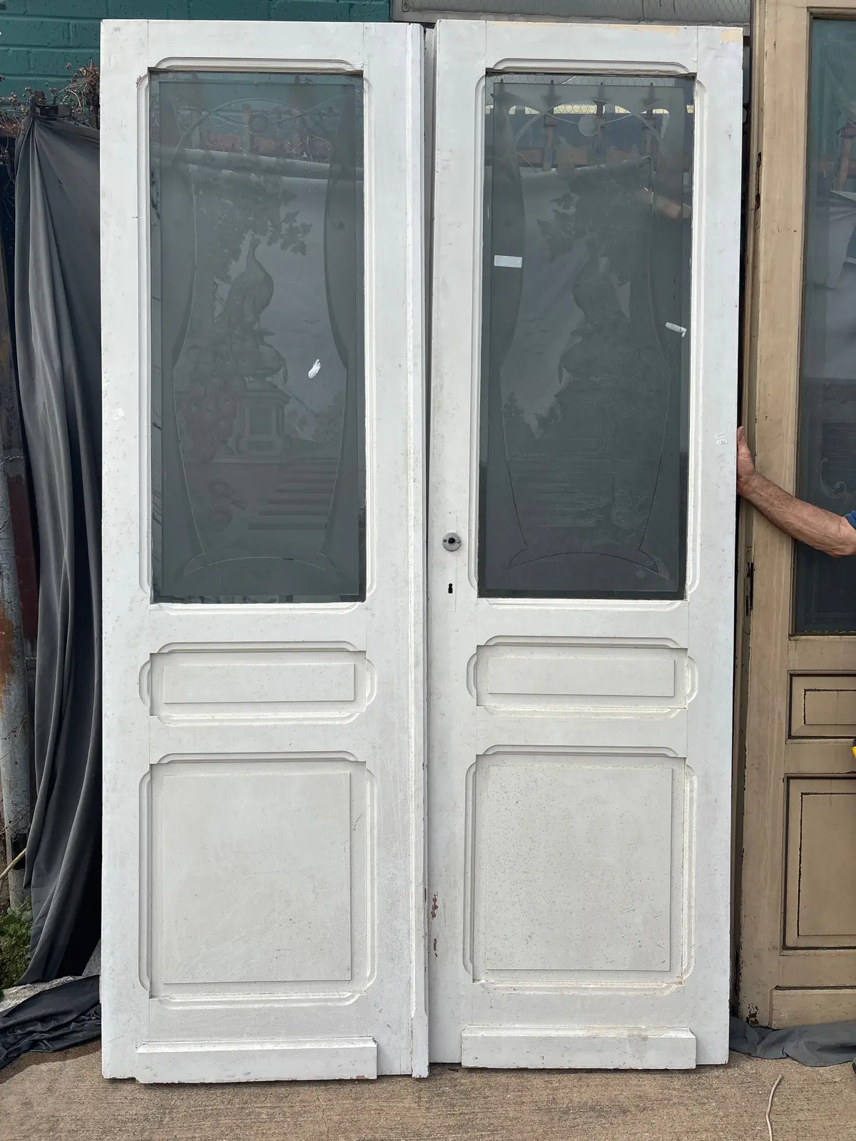 Pair Of Painted And Etched Peacock Doors 1