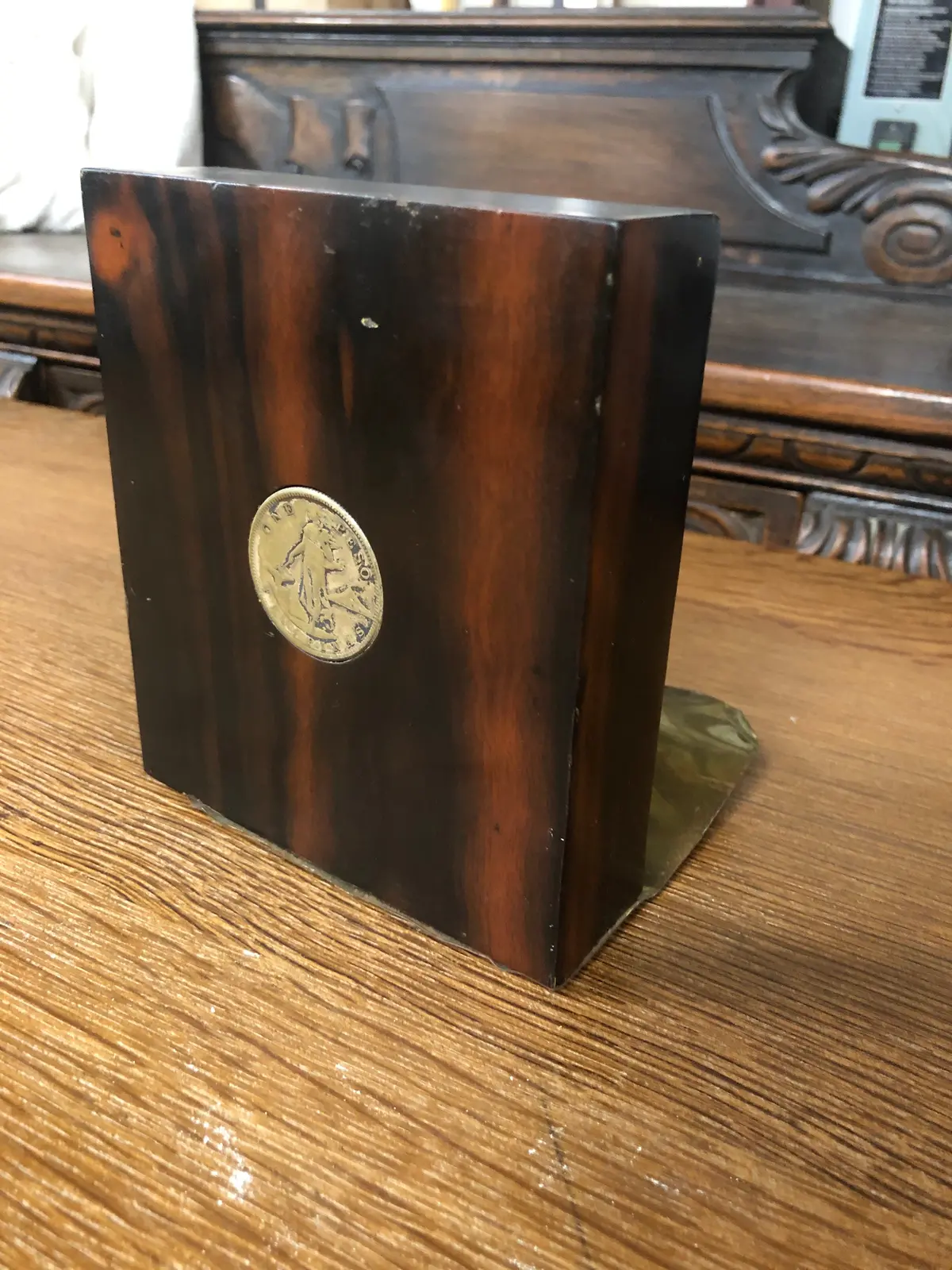 Wood Bookend With Coin 1