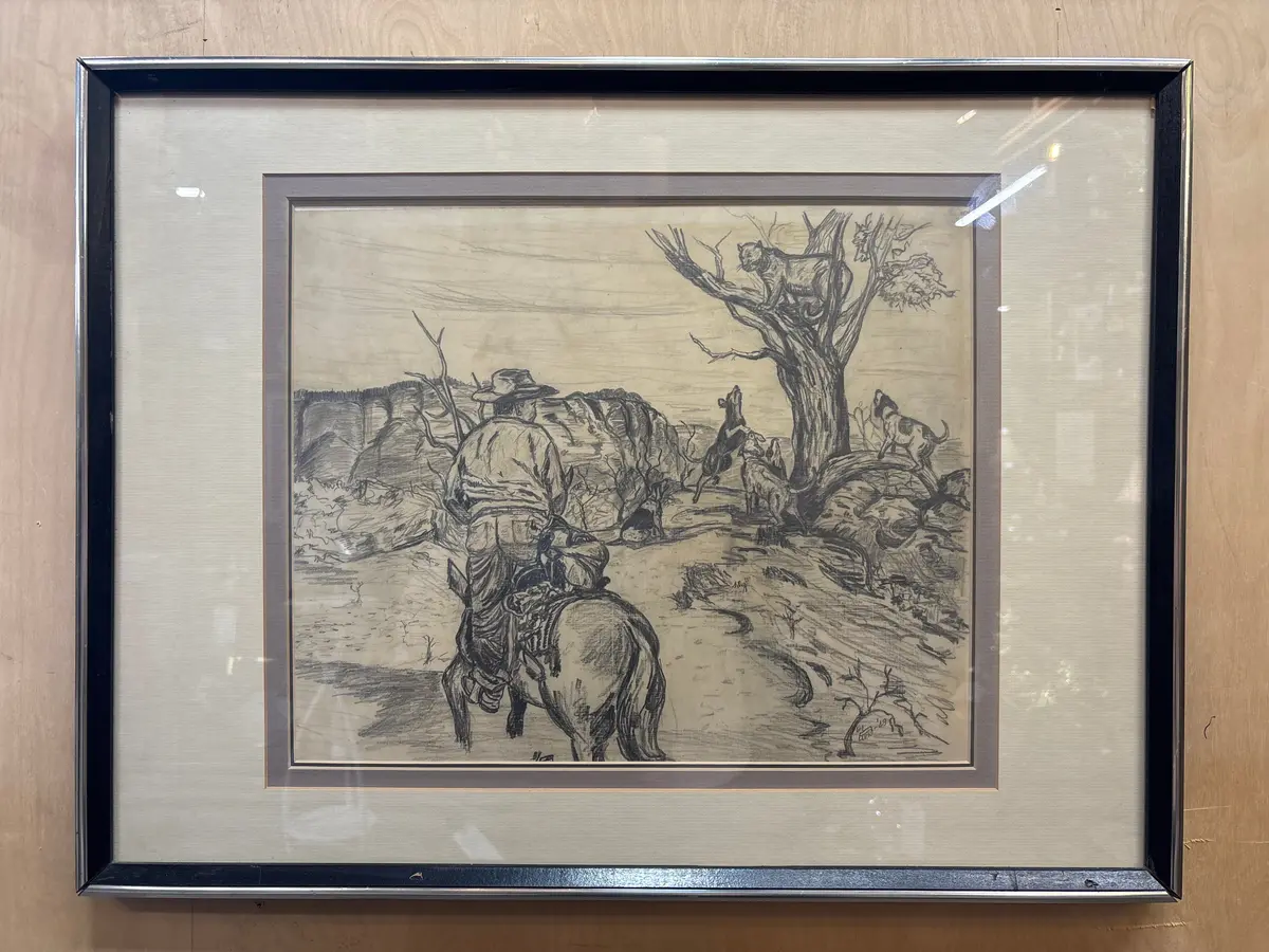 Framed Western Pencil Drawing Of Man Watching Dogs Bark At Big Cat In Tree 1