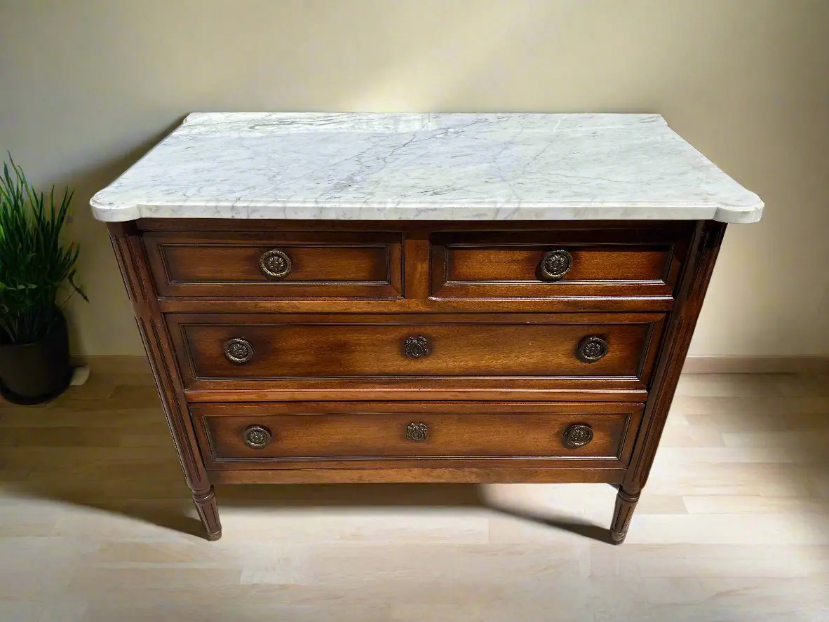 Louis Xvi White Marble Top 4 Drawer Chest With Fluting 1