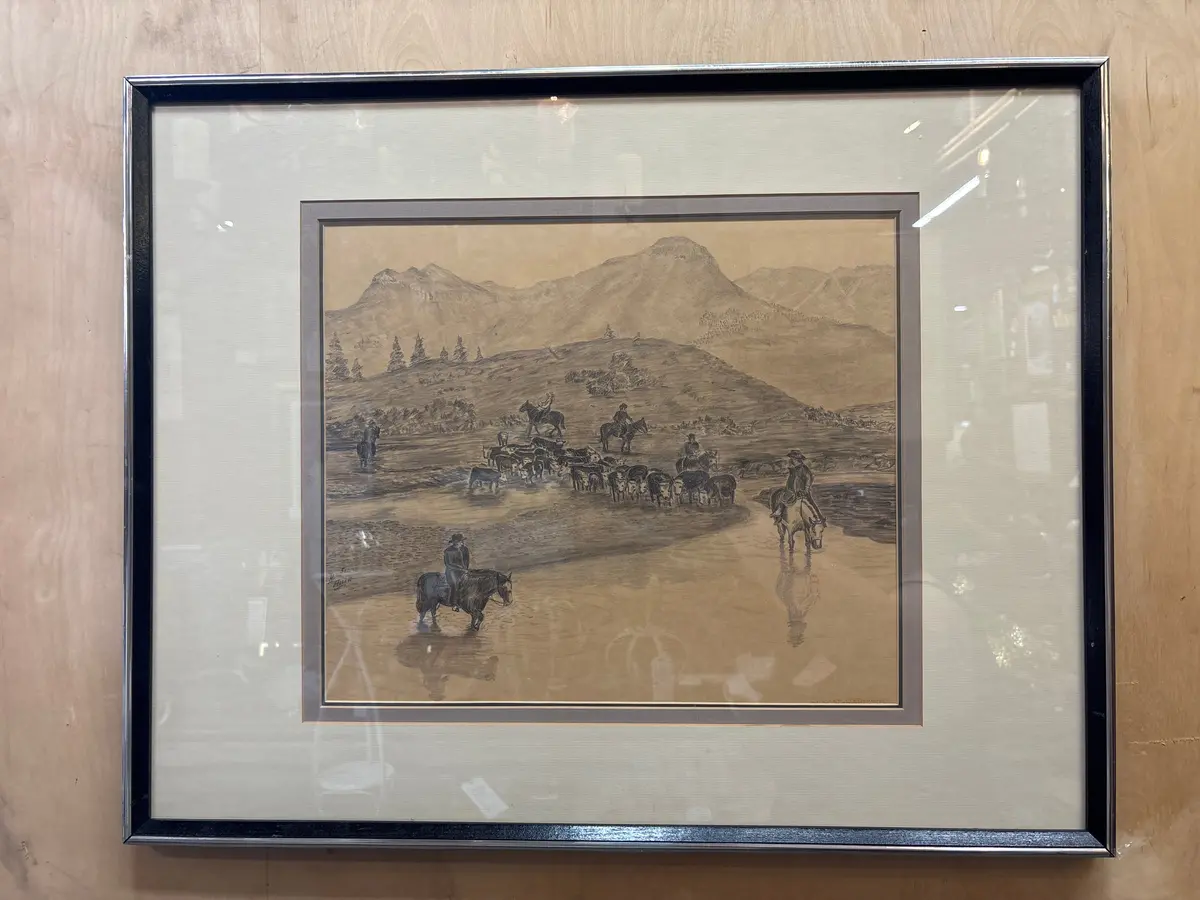 Framed Western Pencil Drawing Of Men Herding Cows To Water Spout 1