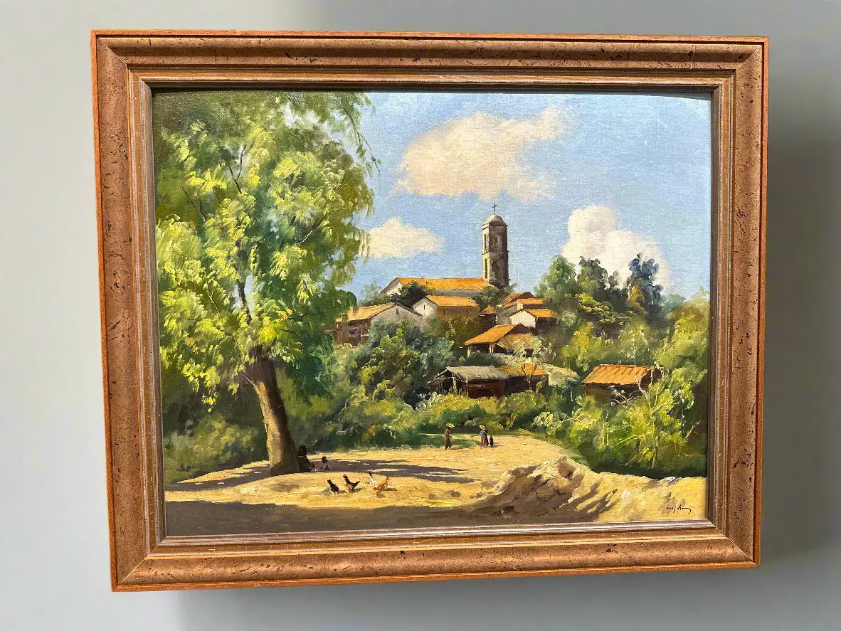 Framed Landscape Oil Painting Of A Village With A Steeple Signed Jose Vives Astara 1