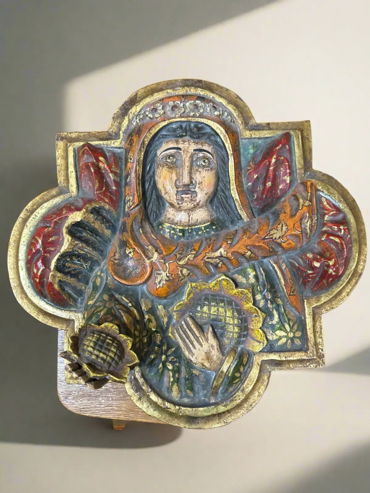 Hand Carved And Painted Religious Lady Wall Plaque 1