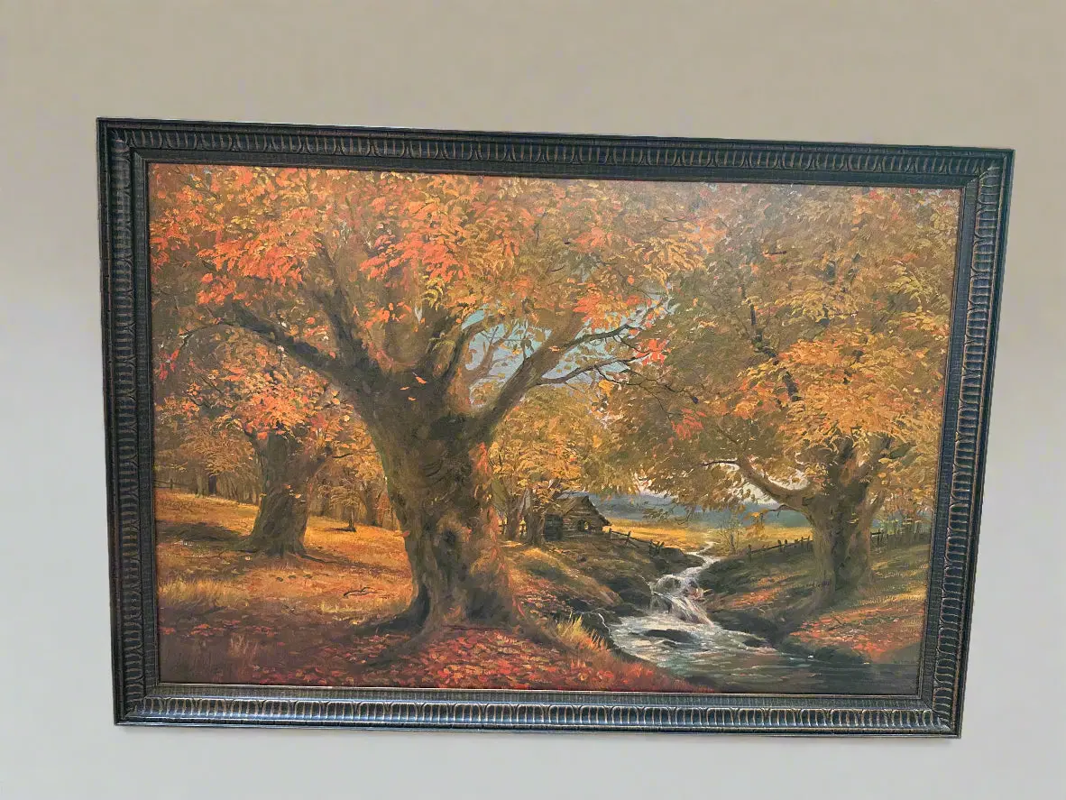 Framed Autumn Print Of Tress With Orange Foliage By A Stream 1