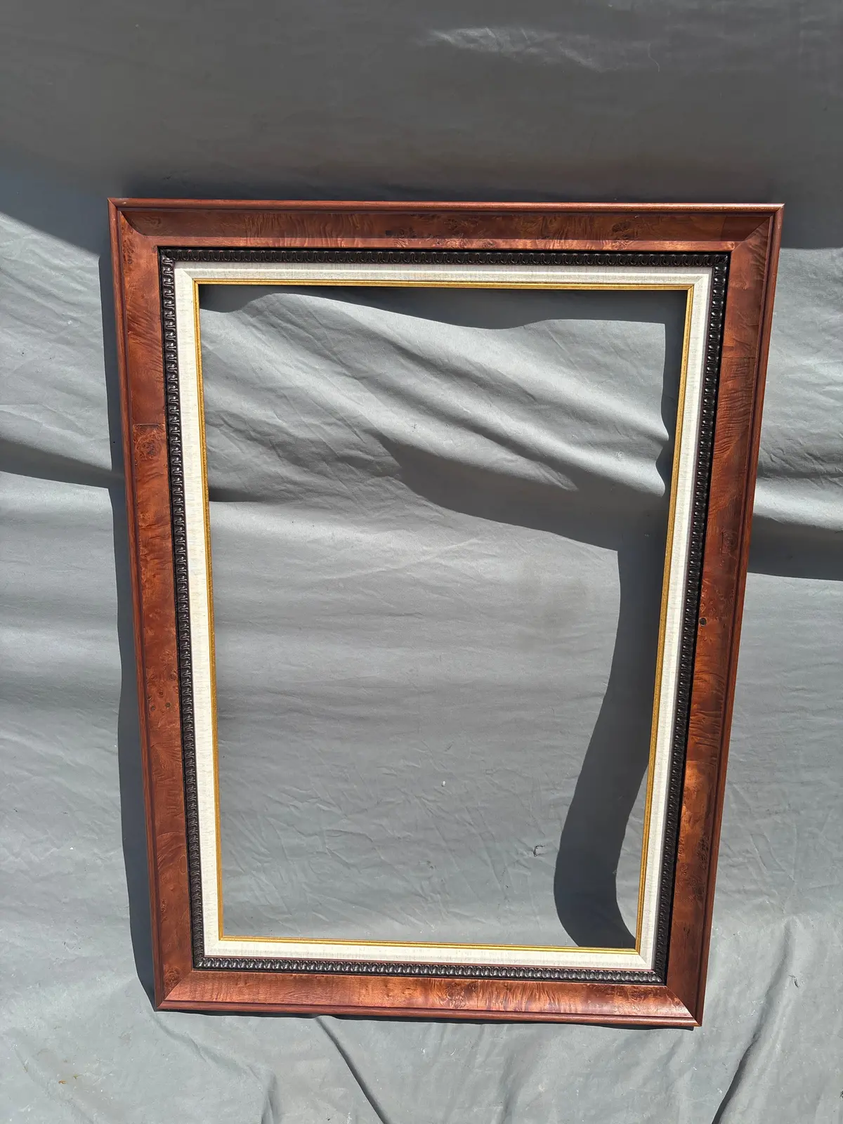 Large Burl Wood Frame With Rope Twist And Linen Filet 1