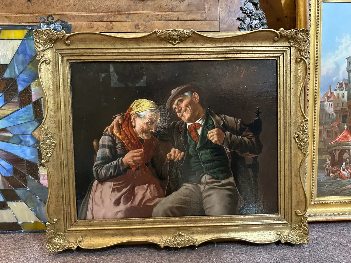 Gilt Framed 19Th Century Italian Oil Painting Of An Old Couple - Signed Jules Zermati 1