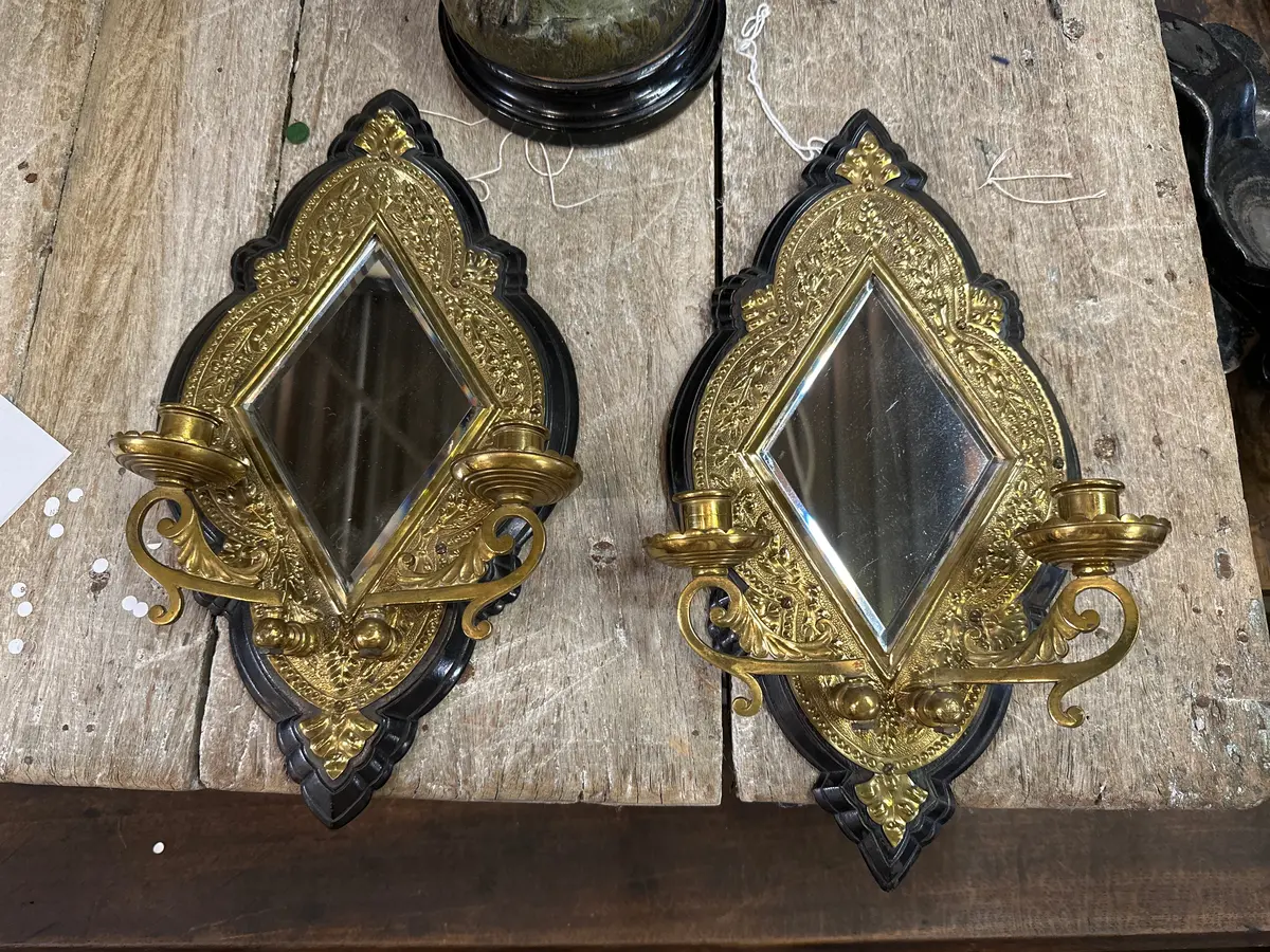 Pair Of Brass And Oak With Mirror Sconces 1