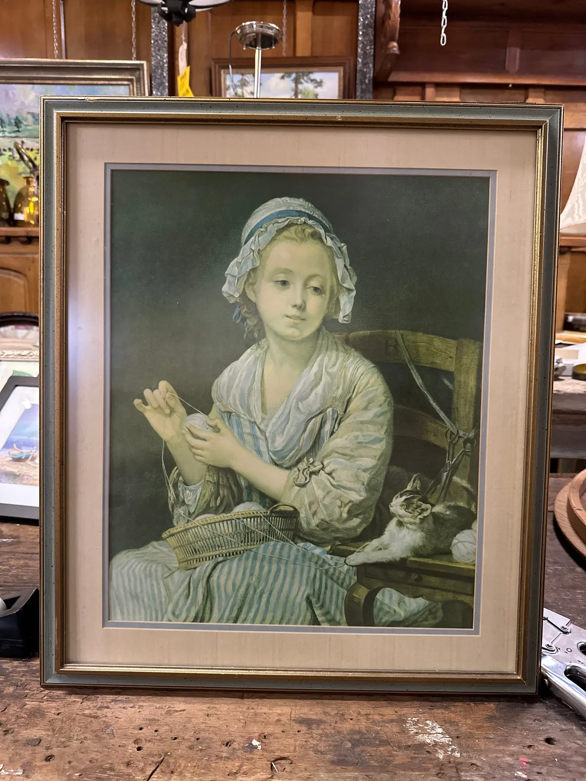 Print Of Girl Sewing With Cat 1