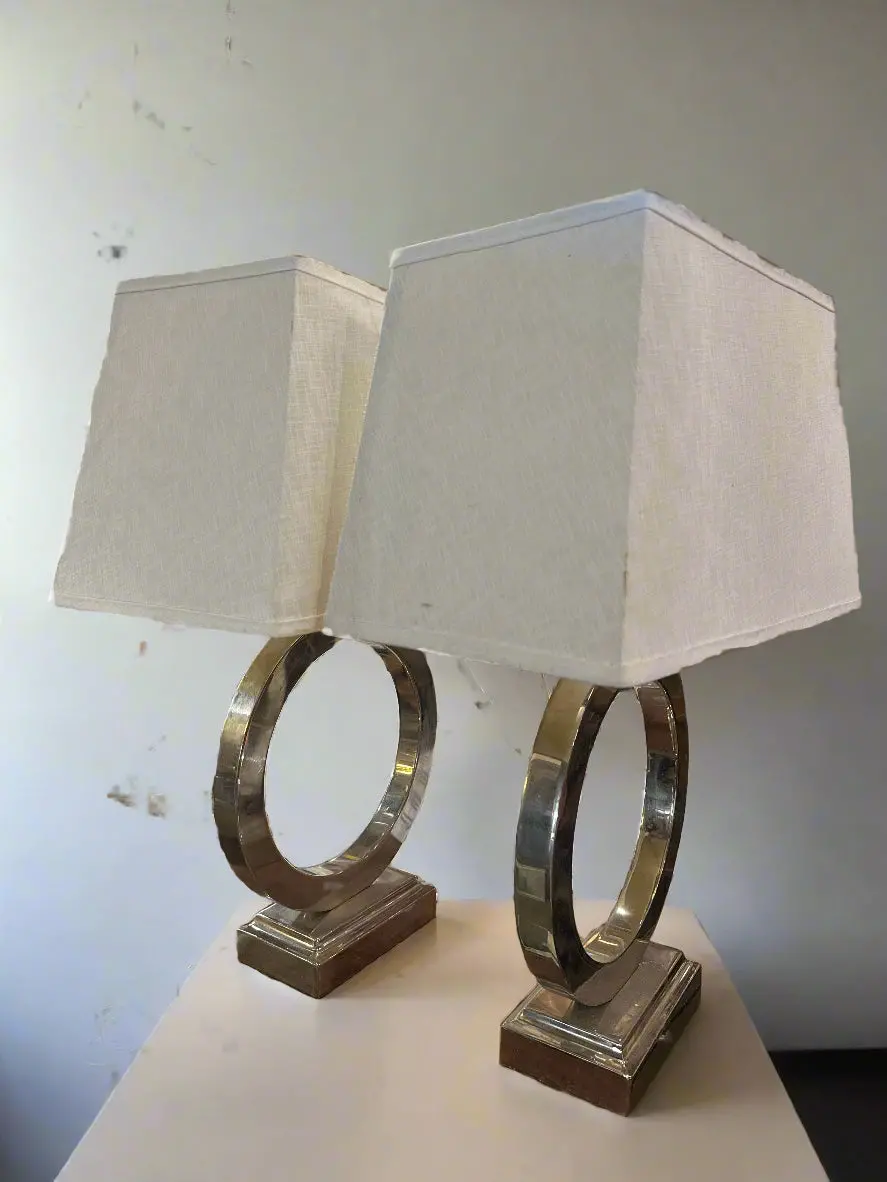 Pair Of Silver "O" Shaped Lamps With As Found Shades 1