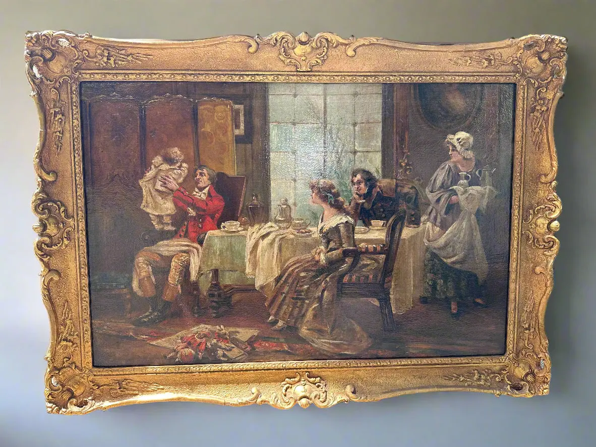 Oil On Canvas Painting Of Family With Child Circa 1800S 1