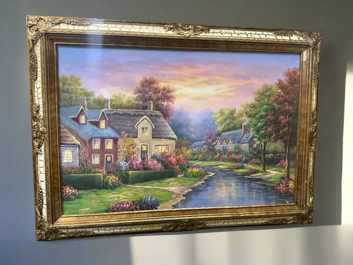 Bright Colors Cottswald Cottages Oil Painting Signed Lr 1