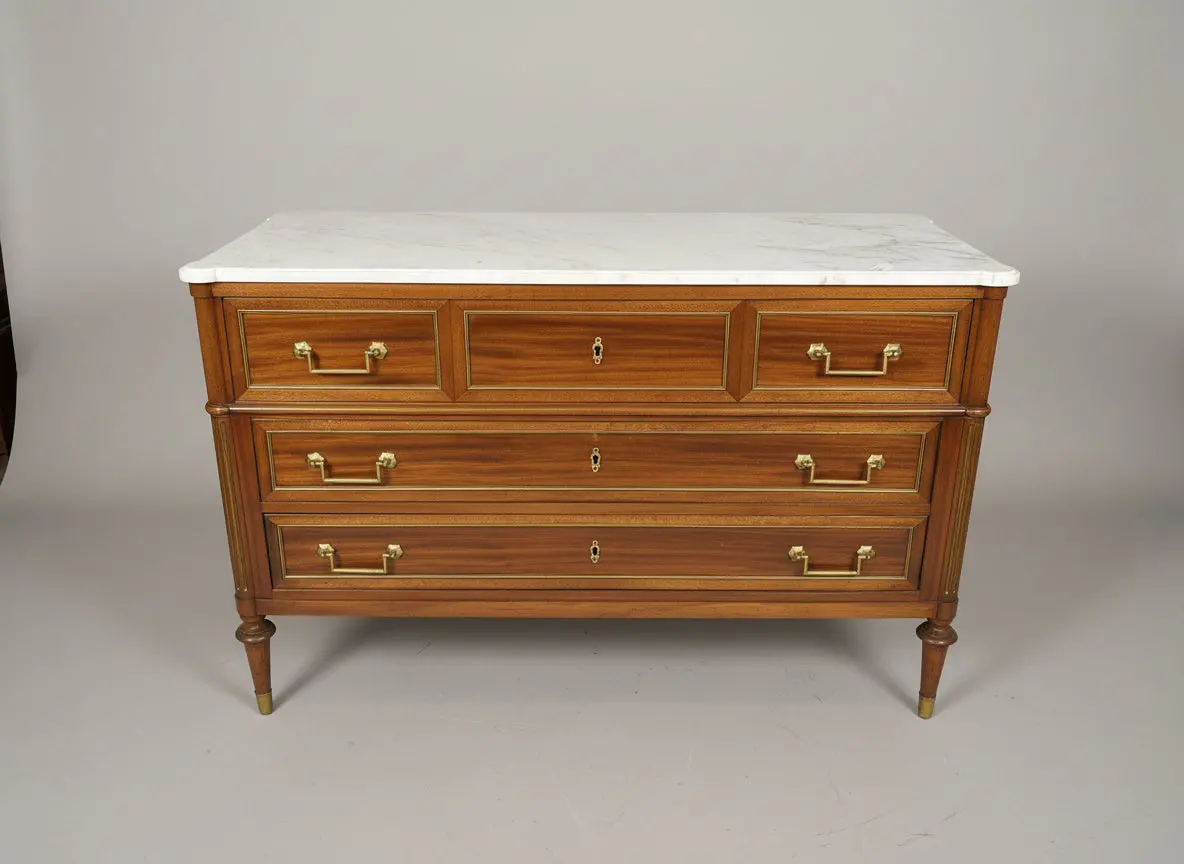 Large Louis Xvi White Marble Top Ribbon Cut Mahogany Chest With Pull Out Writing Surface 1