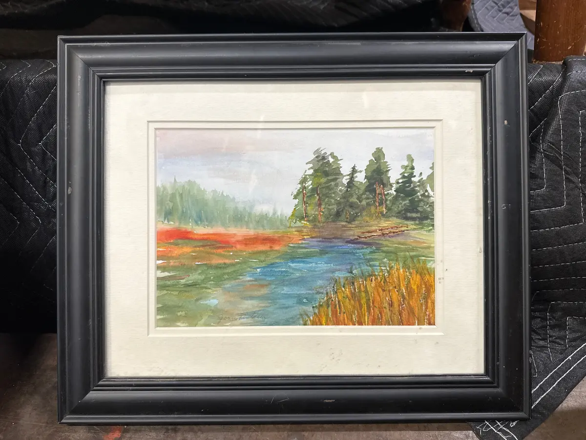 Small Framed Watercolor Of A River With Trees 1