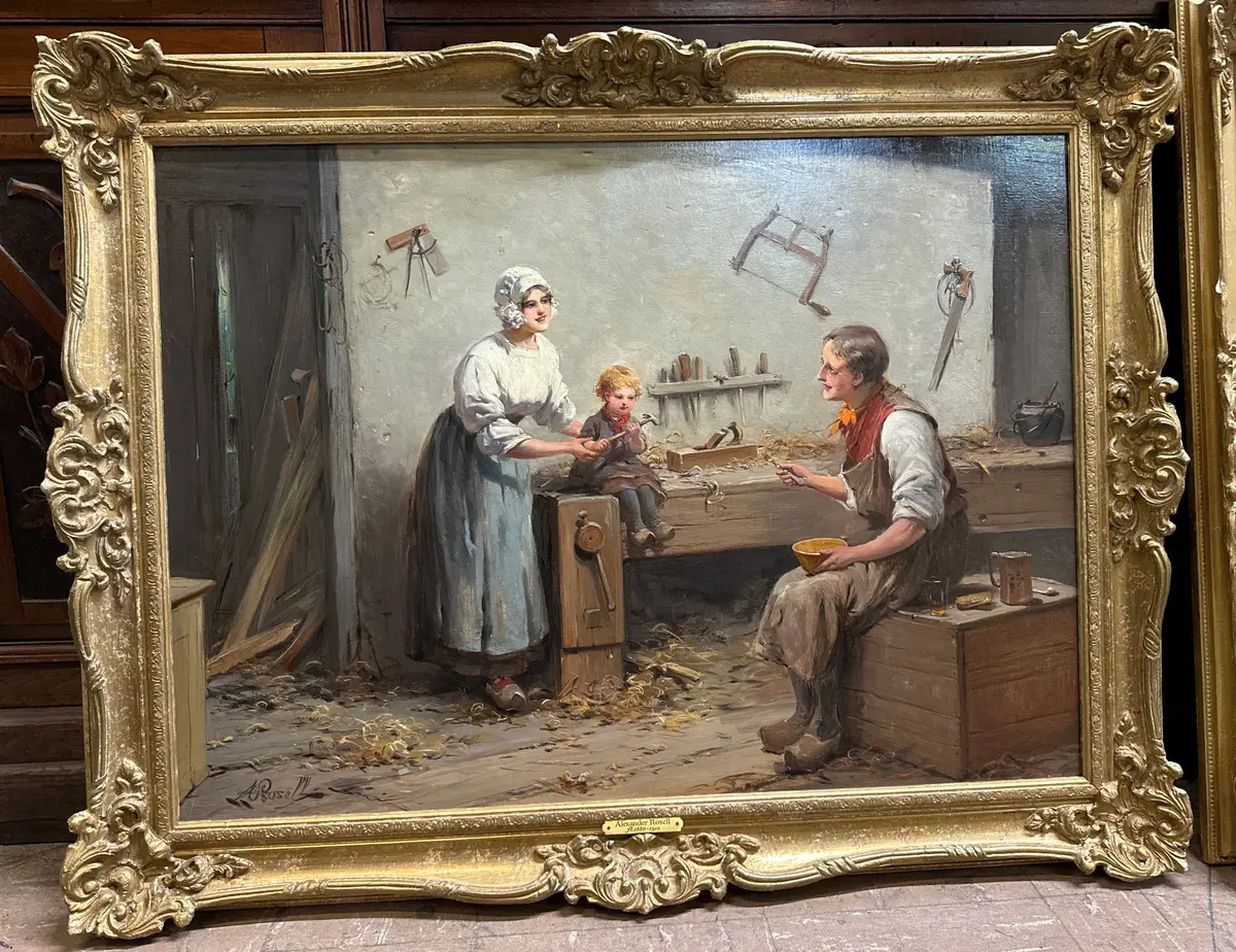 Gilt Framed 19Th Century Oil Painting Of A Family In The Workshop - Signed Alexander Rosell 1
