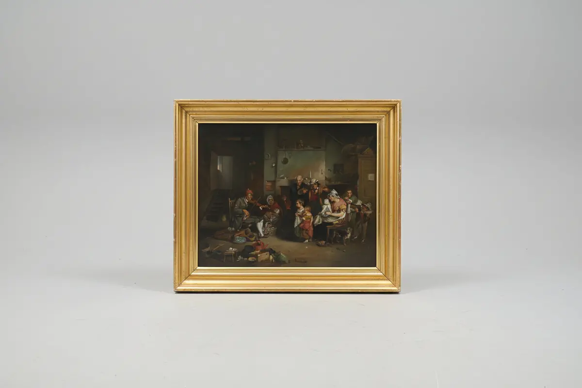 19Th Century Relined Interior Scene Oil On Canvas Painting 1