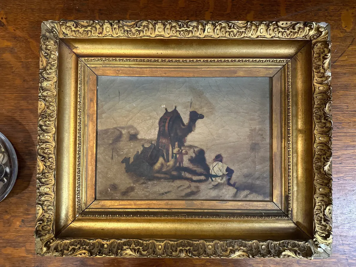 Small Gilt Framed Landscape Oil Panting With Camels 1