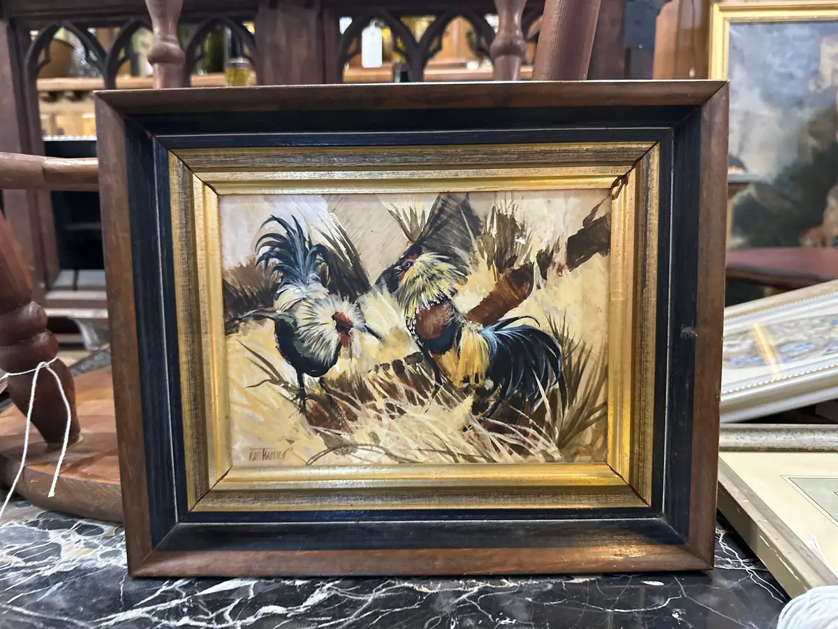 Small Painting "Fighting Cocks" By Ken Turner 1