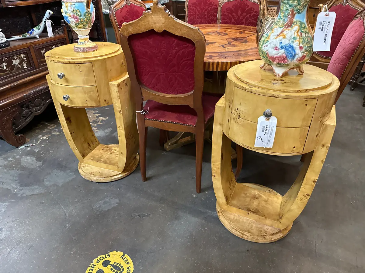 Pair Of Art Deco Double Drawer U Shaped Bird's Eye Maple Stands-Light 1