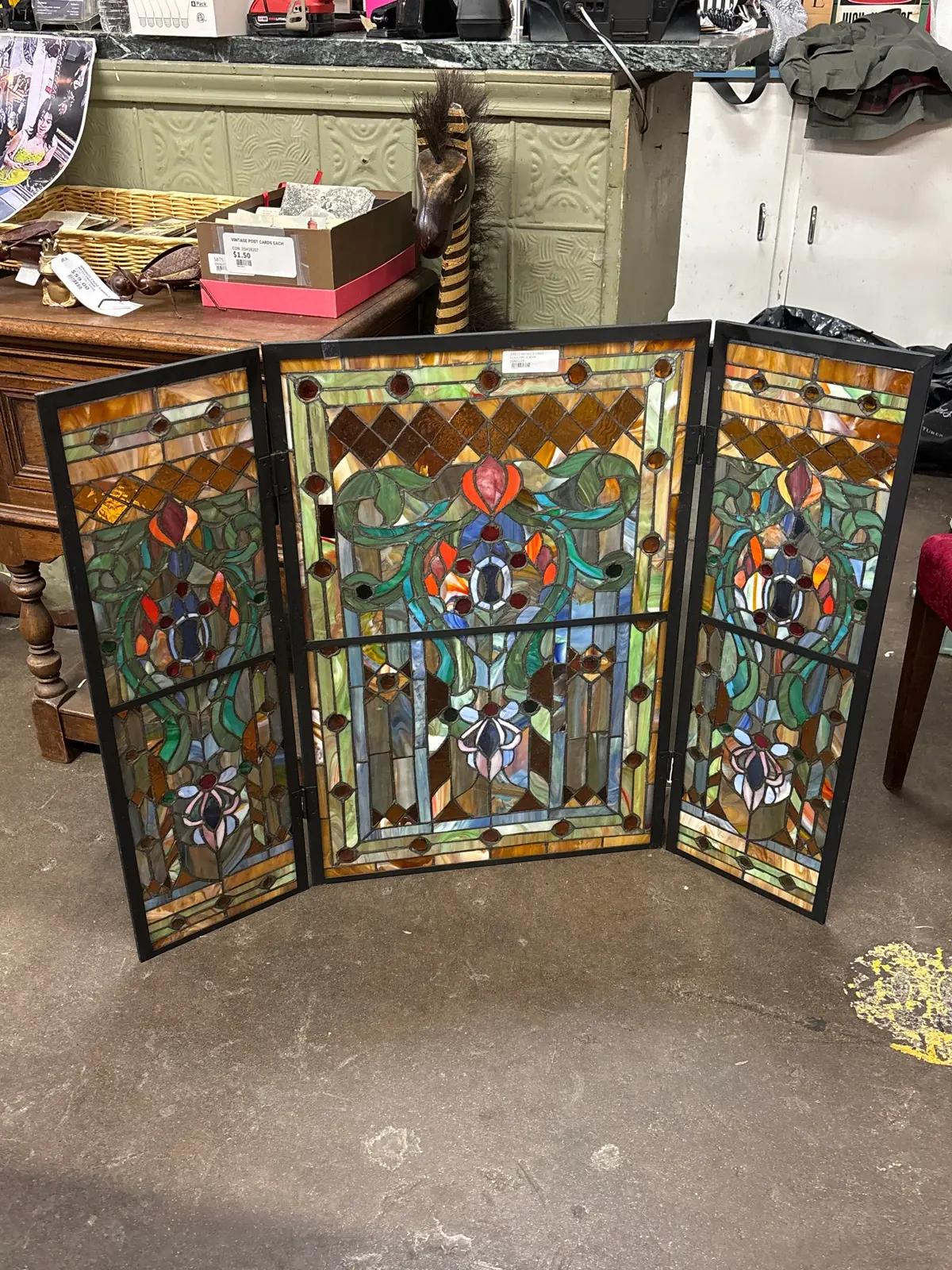 3 Piece Vintage Stained Glass Fire Screen 1