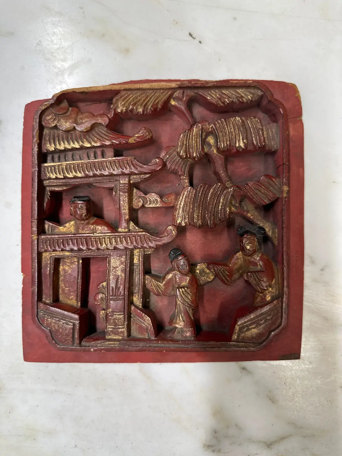 Hand Carved Chinese Red Wood Panel With People 1