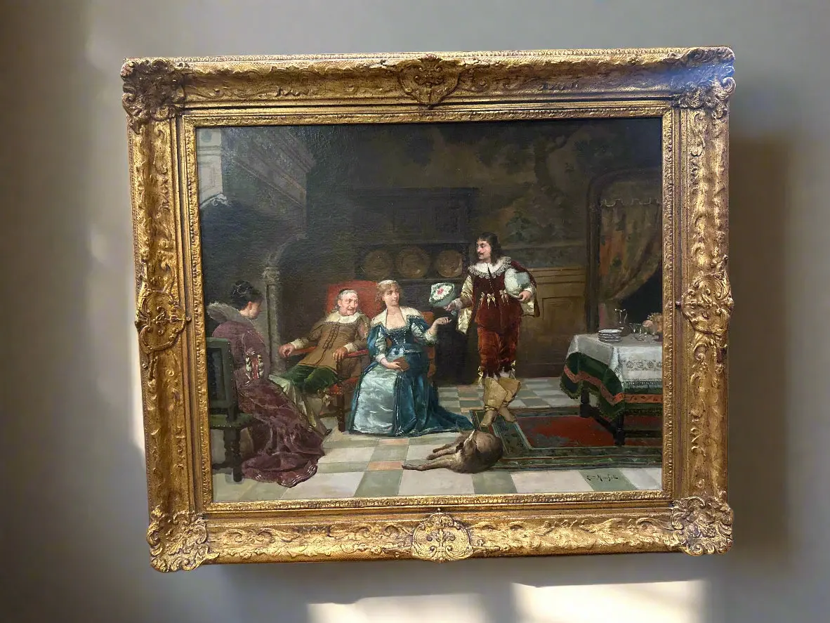 Framed French Oil Painting Of A Courtier Scence Bylouis Hippoyle Mouchot 1