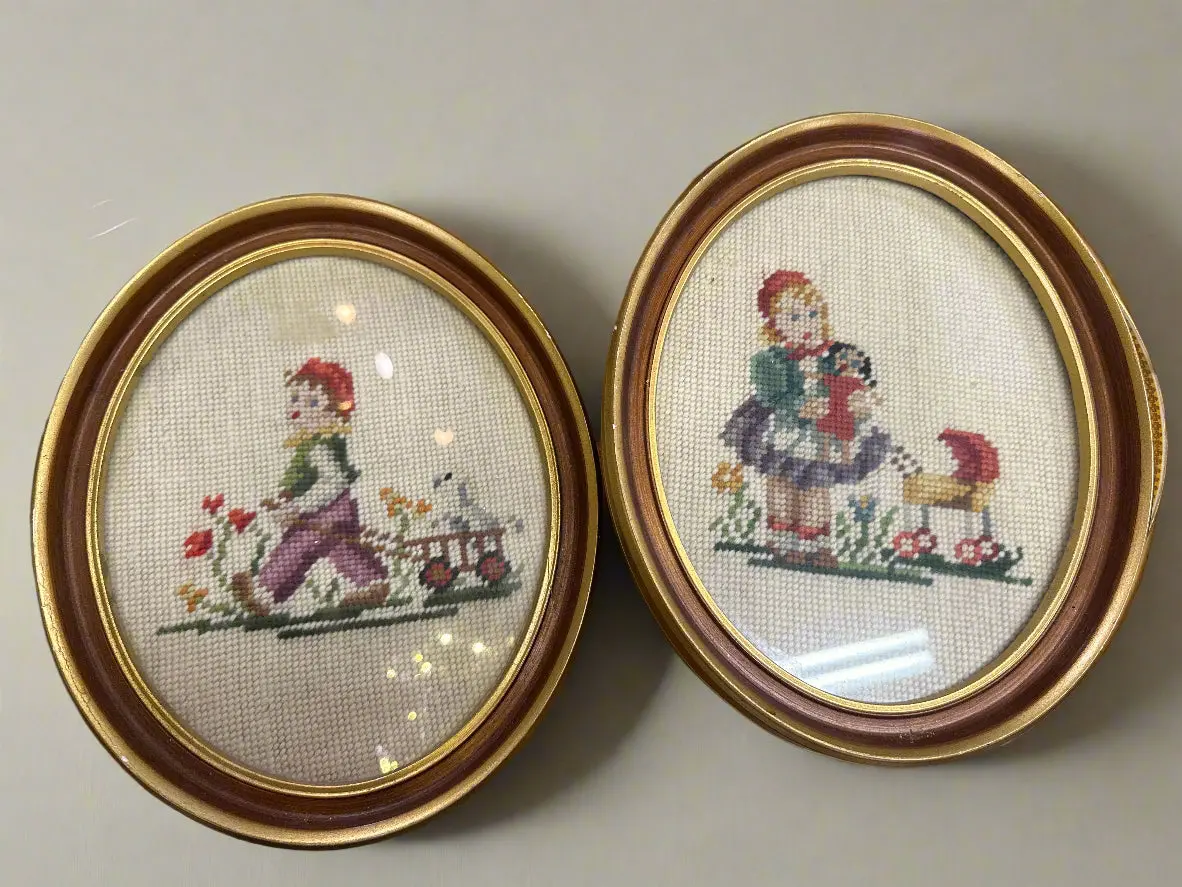 Pair Of Oval Framed Needlepoints Of Boy And Girl 1