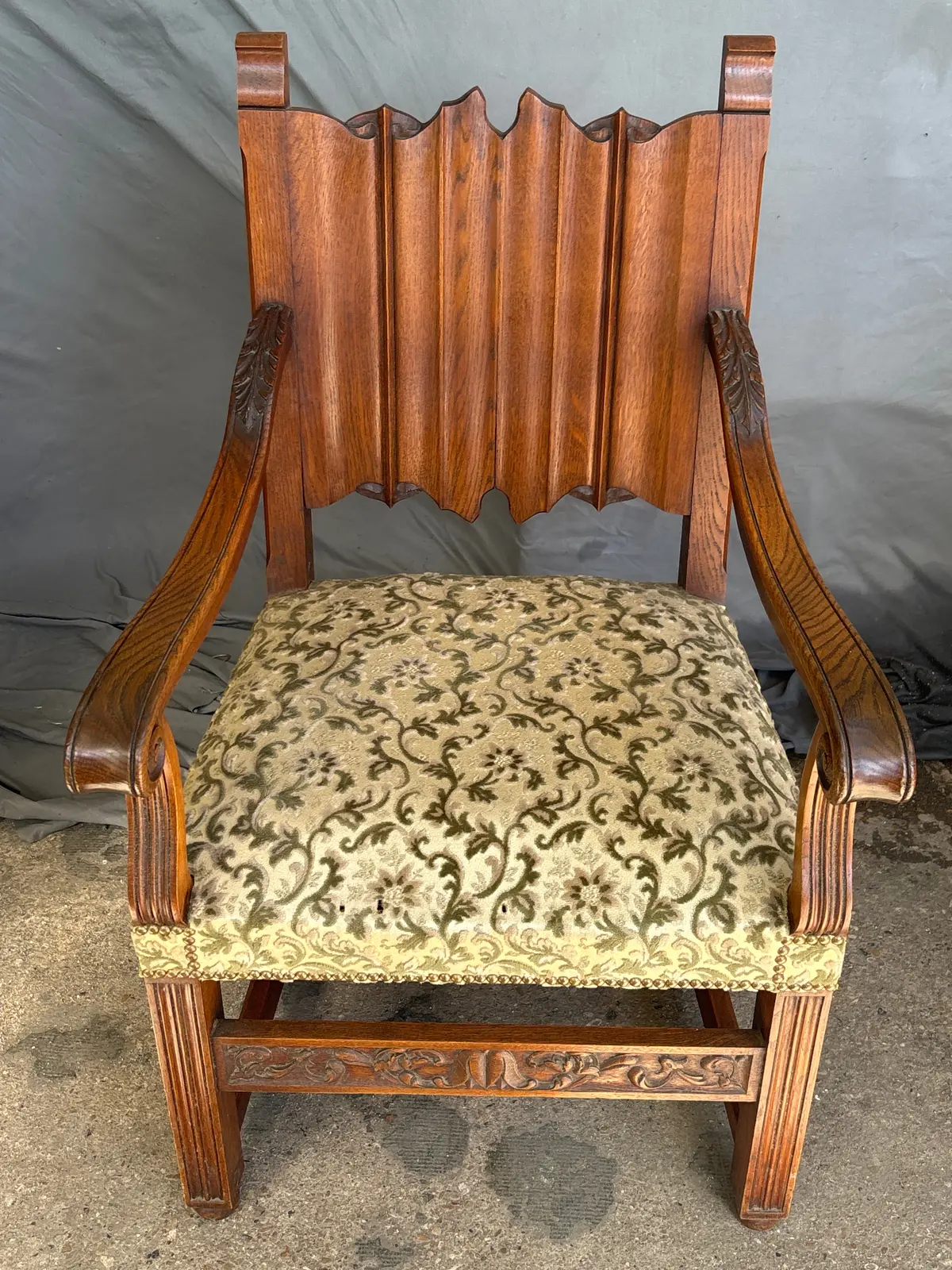 Green Upholstered French Gothic Linen Fold Carved Oak Armchair 1
