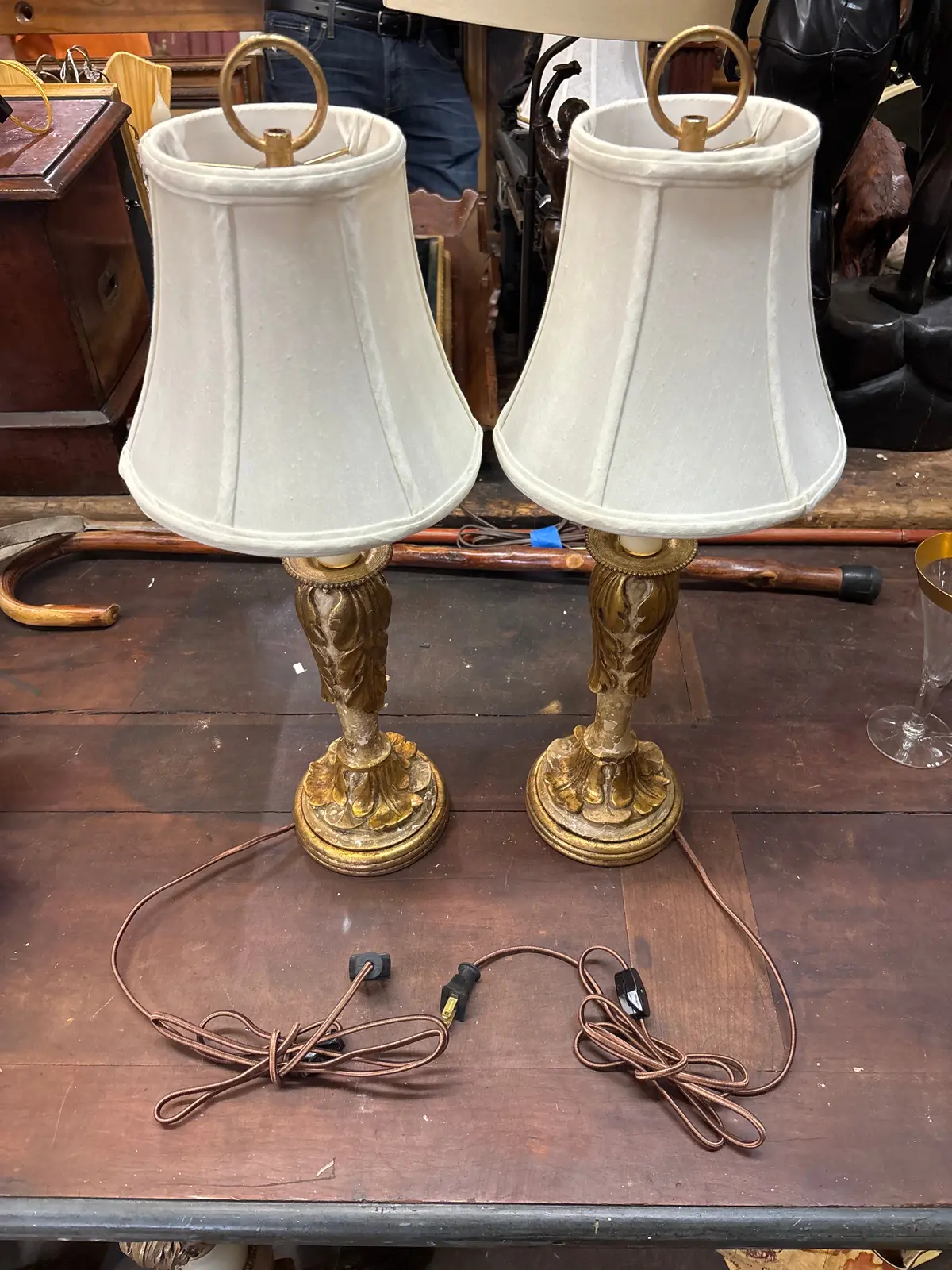 Pair Of Gilt Wood Carved Candle Lamps 1