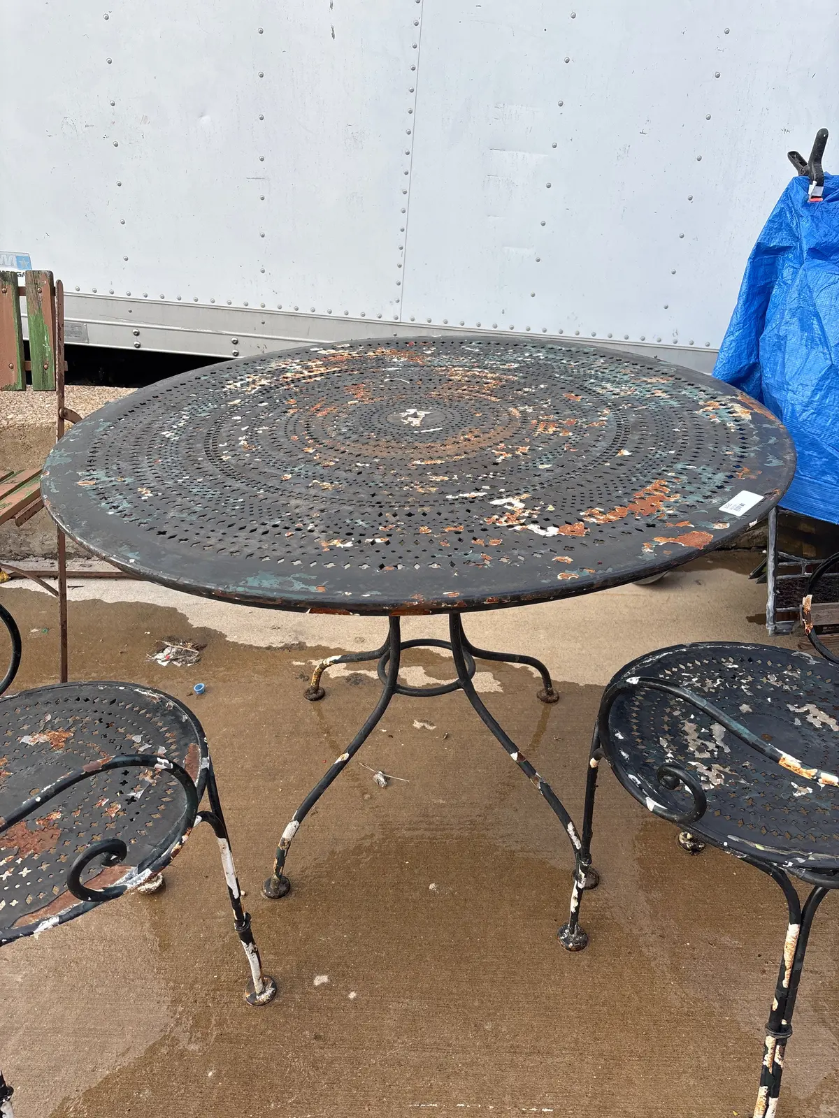 Vintage Round Pierced Metal Top Iron Bistro Table 1