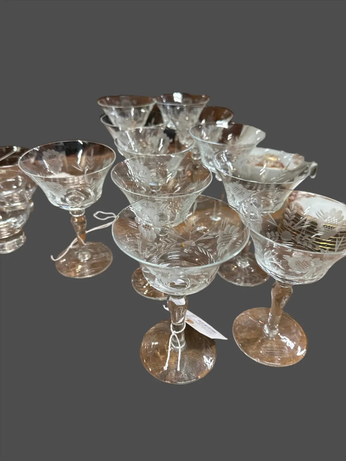 Set Of 11 Etched Crystal Footed Wine Glasses 1