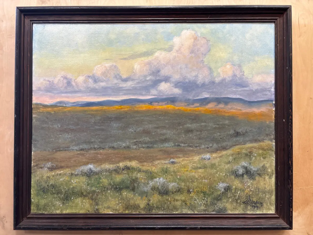 Flared Wood Framed Landscape “Cloud Burst On The Plains” Painting - Signed 1