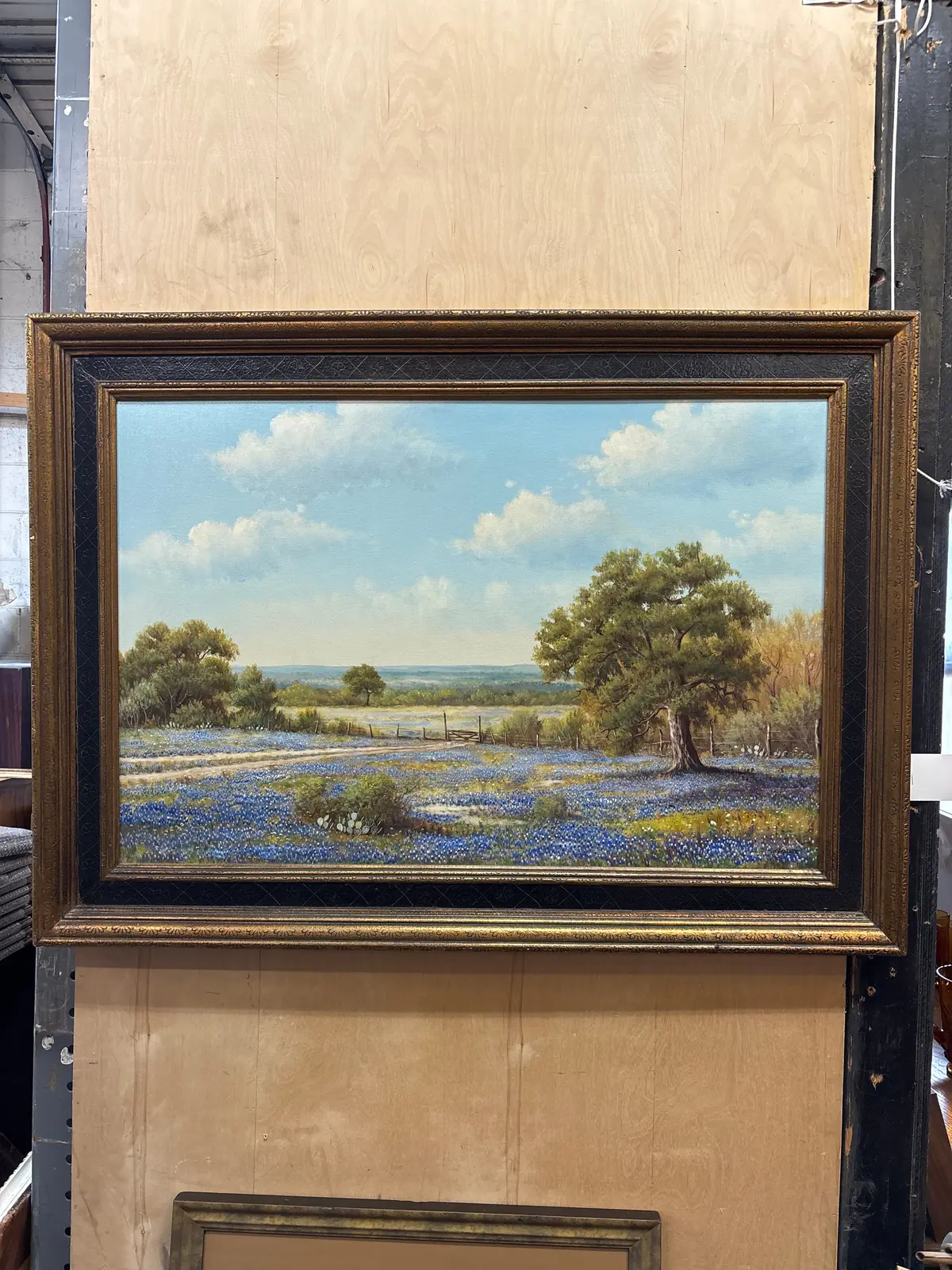 Gold And Black Framed Blue Bonnet Landscape Oil On Canvas Painting - By J.W. Thrasher 1