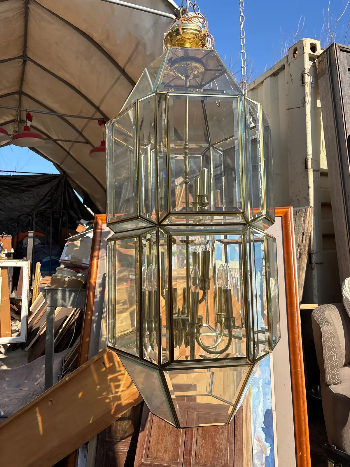 Brass And Beveled Glass Hanging Lantern 1