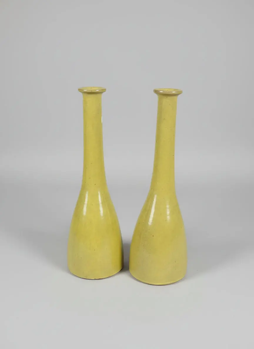 Pair Of Chartreuse Green Tall Pottery Vases 1