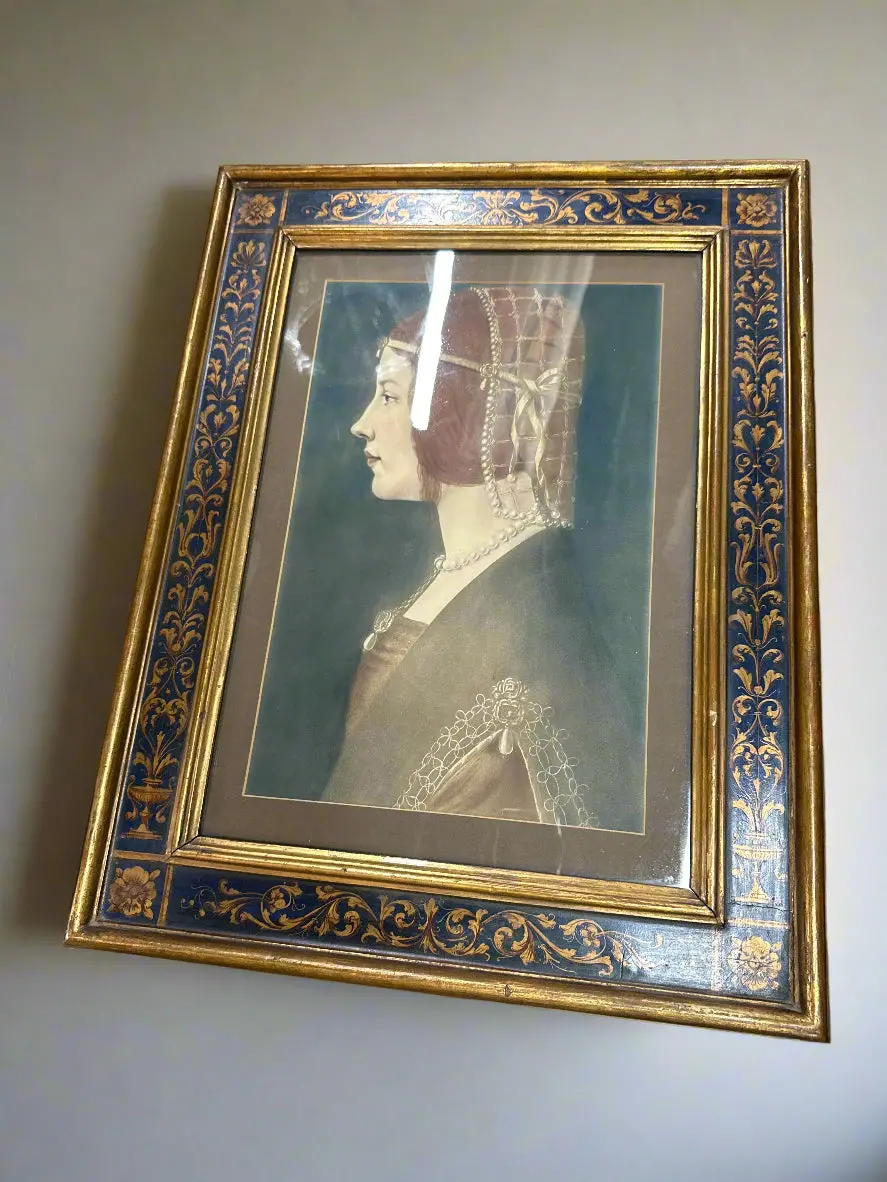Antique Litho Print Of Leonardo's Beatrice D'este In Renaissance Style Frame 1