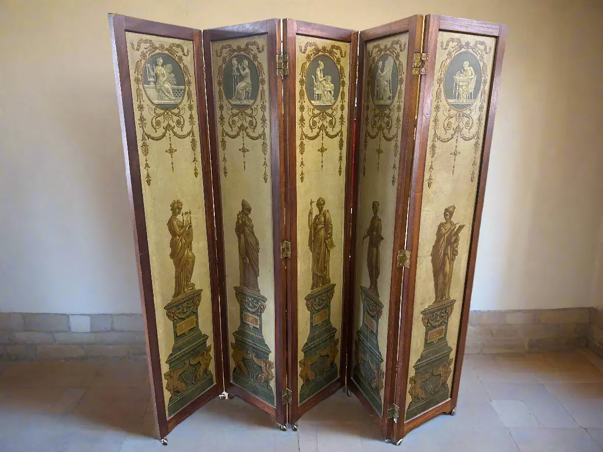 Painted Classical Walnut 5 Panel Screen On Casters 1