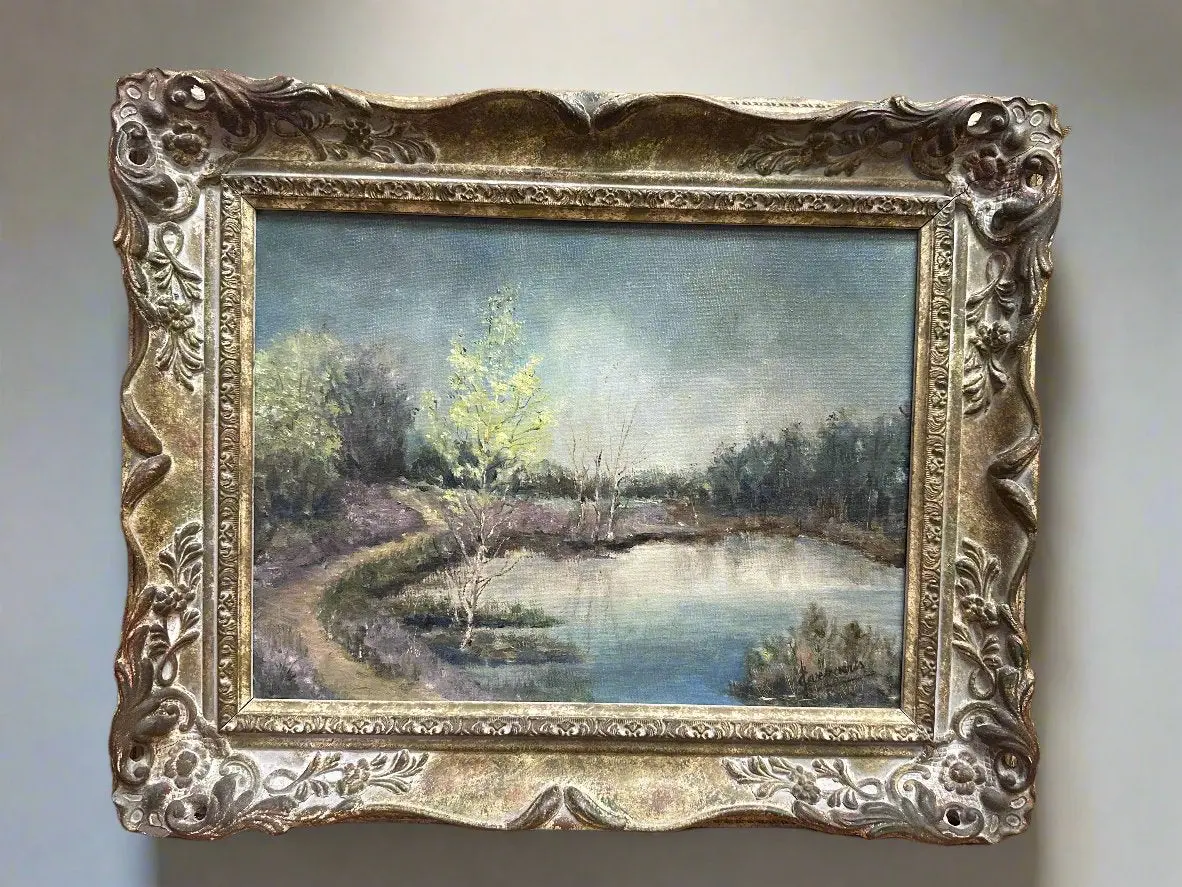 Framed Oil Painting Of Pond Lands In Lavender And Green Hues 1